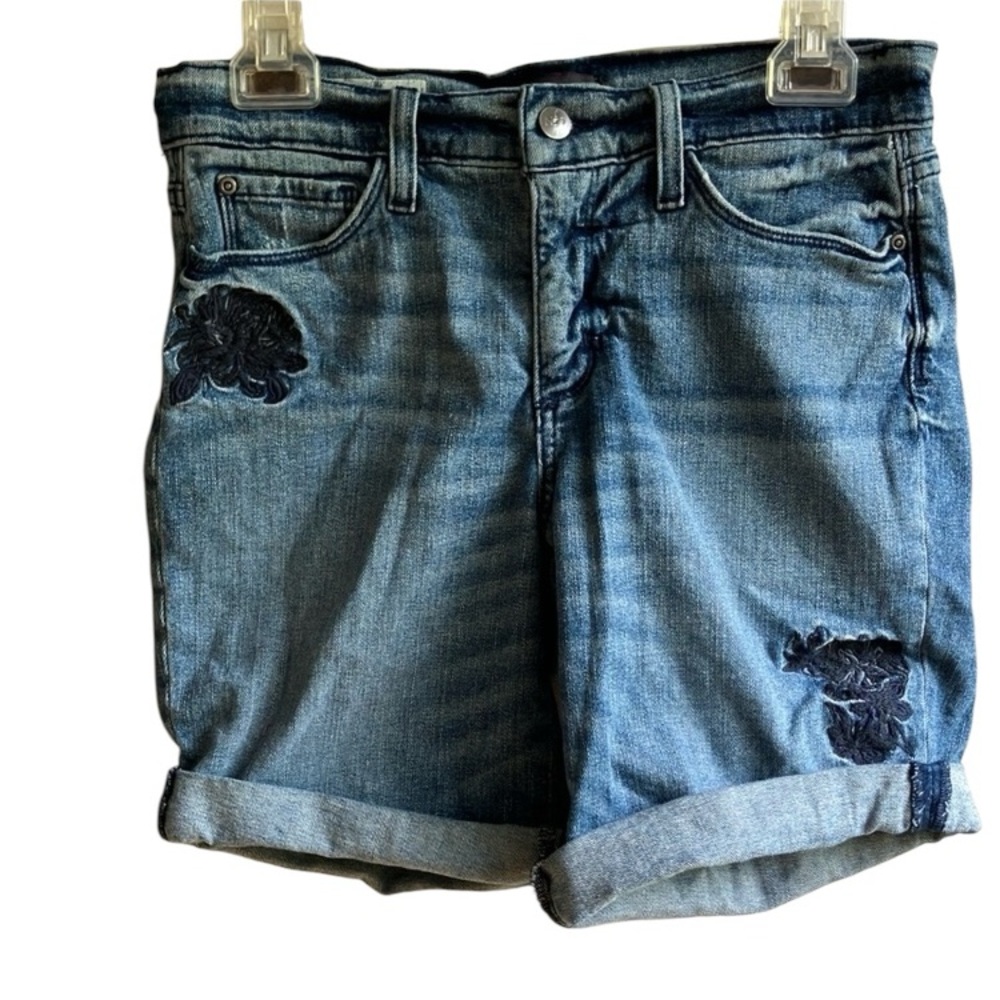 NYDJ Jessica Boyfriend Short Size 2 Embroidered Distressed Jean Shorts Cuff Hem